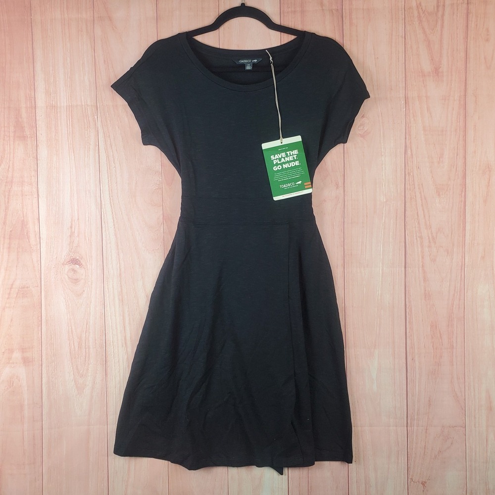 Toad&Co Cue Wrap Dress Womens XS Black Cotton Belted Scoop Neck Dolman Sleeve